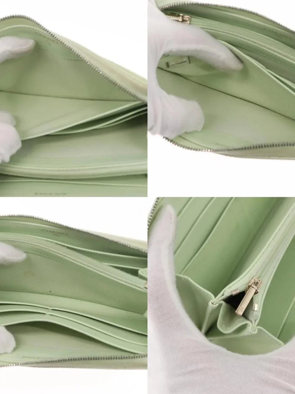CHANEL Long Wallet Grained Calf Skin Green Gold CC Auth 164071A
